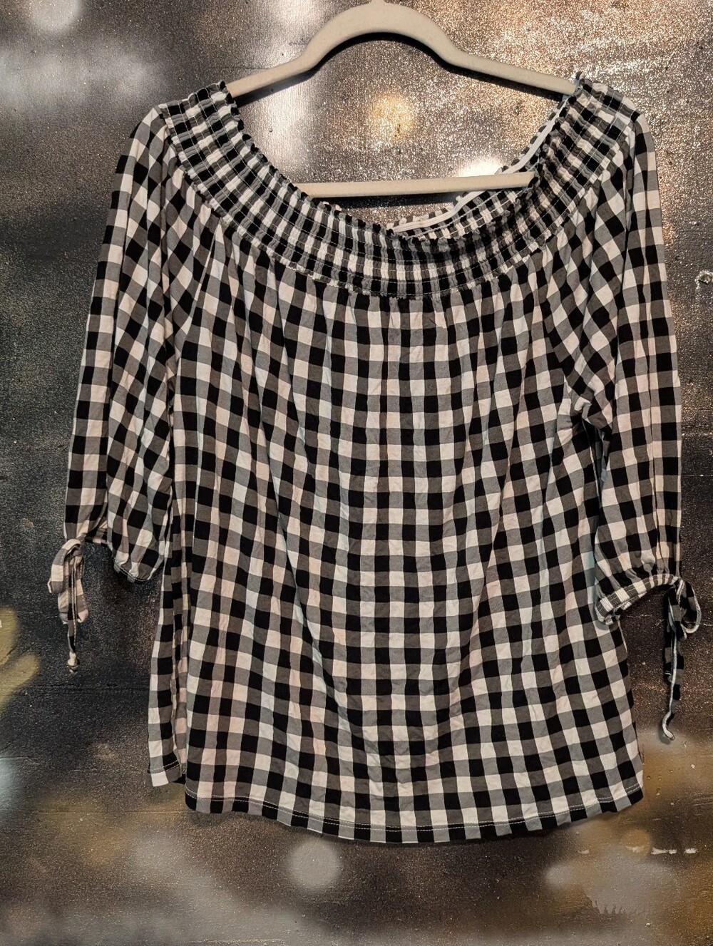Women's Black and White Gingham Off-Shoulder Blouse